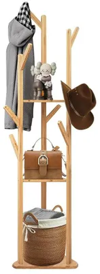 Produktbild von Garderobenständer Holz - Freistehender Kleiderständer - Baumförmiges Design - 9 Haken - Für Kleidung, Hüte, Taschen - Wohnzimmer, Schlafzimmer, Flur - Holzfarbe