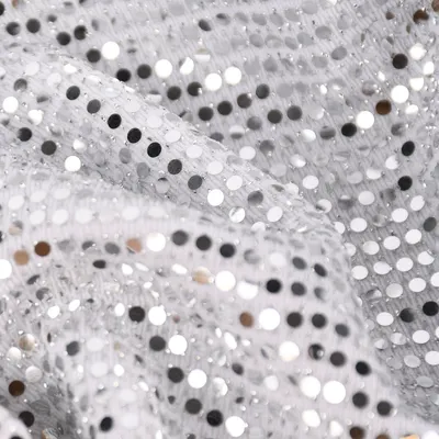 Produktbild von Bekleidungsstoff Meterware Stretch Polyester Pailletten weiß silber 1,45m