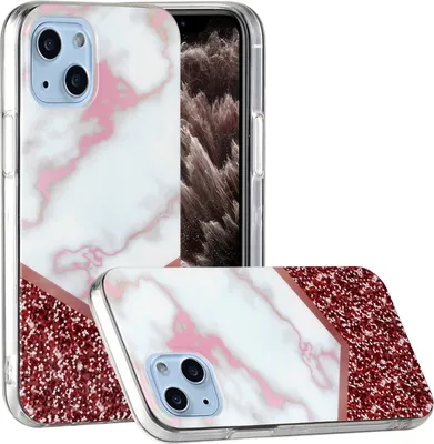 A product shot of a phone case with a marble and glitter design.