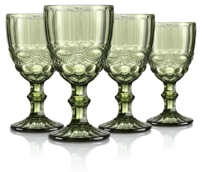 Zdjęcie produktu dla Zestaw 4 szklanek do wina w stylu vintage, pojemność 300 ml, kolor zielony - z tłoczonym wzorem i zdobieniami - nadają się do mycia w zmywarce
