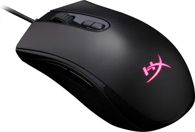 A black gaming mouse with pink lighting on a white background.