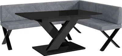Produktbild von MEBLINI Eckbank für Esszimmer mit ausziehbarem Tisch  - Küchenbank - Essecke - Sitzecke Küche - ERIC - X-Beine 142x196x87cm Rechts - Grau Samt/B Schwarz Hochgl.
