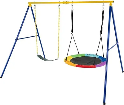 Produktbild von Outdoor Doppelschaukel, Schaukel mit Kinderschaukel & Nestschaukel, Kinder Schaukelgestell bis 300 kg belastbar, Schaukelset mit Metallgestell, Blau-gelb