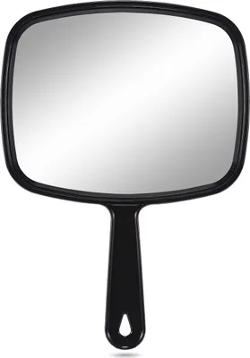 A black hand mirror with a rectangular reflective surface and a handle.