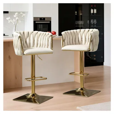Produktbild von Samt Barhocker 2er Set, Höhenverstellbar und 360° Drehbar mit Metallrahmen, Beige