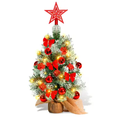 Productafbeelding van TolleTour Mini kerstboom, kunstmatige kerstboom, kerstboom met kerstbal, kleine strik en LED-verlichting, 40 cm