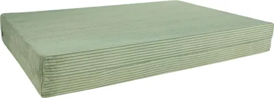 A green corduroy cushion for a pallet sofa, shown from a slight angle on a white background.