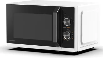 A white Toshiba microwave oven is shown against a white background.
