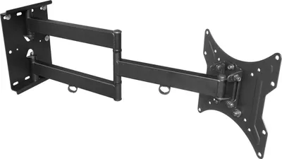 A black metal TV wall mount with an articulating arm is shown against a white background.