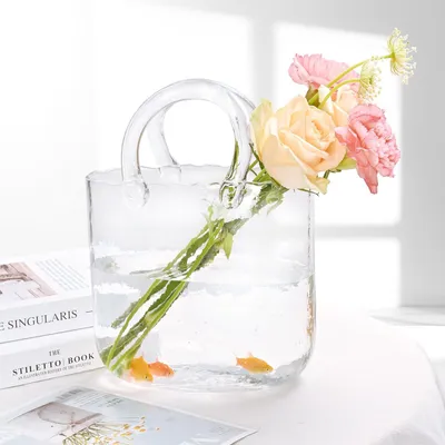 Produktbild von Glasvase für Blumen, Frühlingsdekoration, klare Tafelaufsatz, Handtaschenvase für Tisch, kleine Fischglas-Blumenvase, moderne Heimdekoration