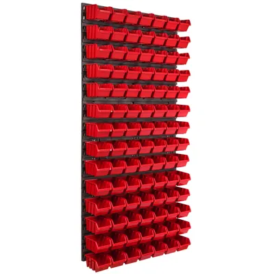 Image de Panneau à outils mural 57,6 x 117 cm avec 98 pcs. Boîtes suspendues Boîtes rouges Système de stockage