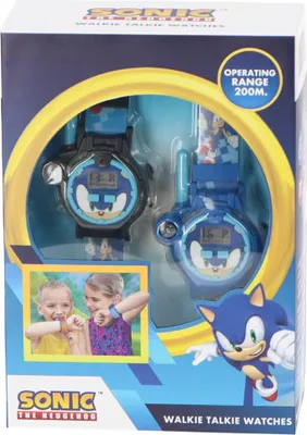 The image shows the packaging of Sonic the Hedgehog walkie-talkie watches, with the product visible inside and promotional graphics.