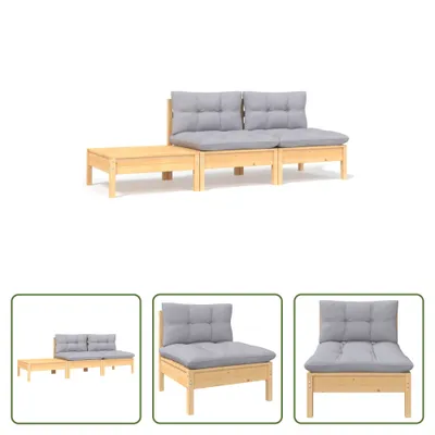 Produktbild von The Living Store 3-tlg. Garten-Lounge-Set mit Kissen Grau Kiefer Massivholz