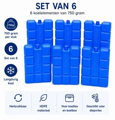 Produktbild von 6 Kühlelemente à 750 g – Wiederverwendbare Kühlblöcke – HDPE-Kühlblöcke – 10,5 x 4 x 20,2 cm – Für Kühltaschen, Kühlboxen, Camping & Picknick