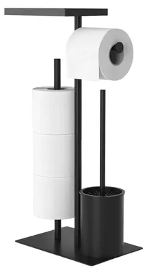Produktbild von Freistehender Toilettenpapierhalter aus Edelstahl, Toilettenpapierhalter mit Abtropfschale, Toilettenbürste, Toilettenset mit freistehendem Toilettenpapierhalter und Toilettenbürste