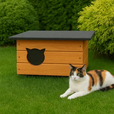 Image de QLS Maison en bois isolée pour chats 60x40x40 cm - Résistante à l'hiver avec rideau, teck 11355