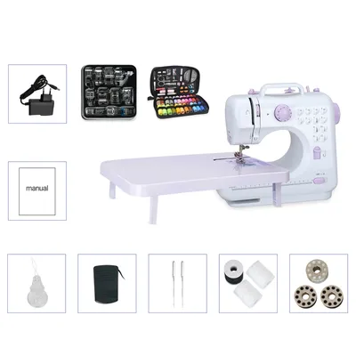 A collage of images showing a mini sewing machine and its accessories.