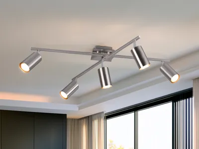 Produktbild von Dimmbarer LED Deckenstrahler in Silber matt mit 5 schwenkbaren Spots für Innen