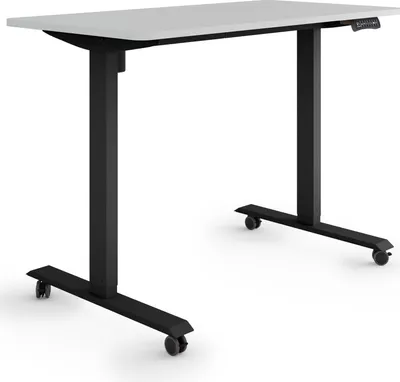 Produktbild von ESMART Germany ETX-121BG 120 x 60 cm Hellgrau Ergonomischer Steh-Sitz-Schreibtisch auf Rollen Stufenlos elektrisch höhenverstellbar 78,5 - 128,5 cm 3x Memory USB Ladeport Aktivitätserinnerung