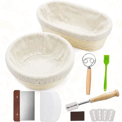 Produktbild von 15-teiliges Gärkörbchen-Set aus Rattan, 23 cm rund und 25 cm oval, Sauerteig-Starter-Set mit Leinenbezügen und Brotbackzubehör