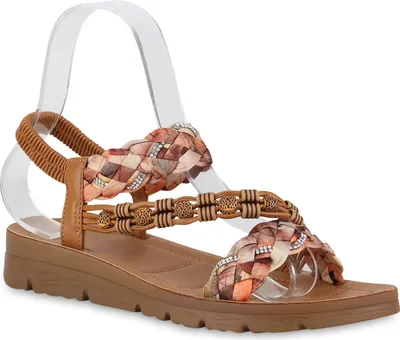 Produktbild von VAN HILL Damen Riemchensandalen Sandalen Prints Strass Zierperlen Schuhe 840960, Farbe: Hellbraun, Größe: 38
