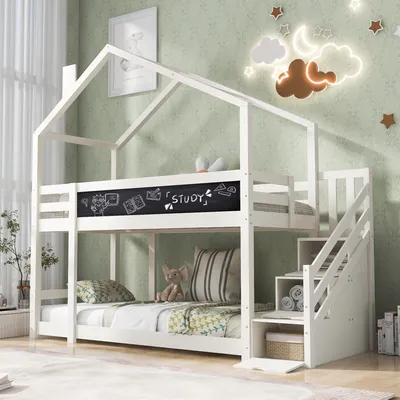 Obrázek produktu pro Dětská patrová postel Merax 90x200 cm s ochranou proti vypadnutí, komínem a deskou, podkrovní postel s roštovým rámem a schody, bílá