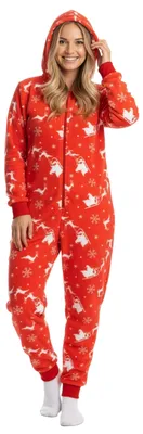 Produktbild von Rentier X-MAS Jumpsuit für Damen mit Kapuze Santa Overall Onesie Pyjama Schlafanzug Rot XL