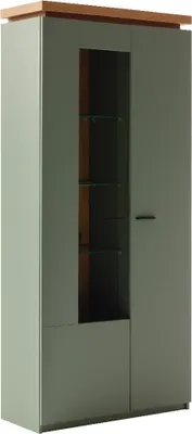 Produktbild von Esszimmer-Vitrinenschrank mit 88 cm Breite in Grün mit Eiche, 2 Türen, Glaseinsatz, LED-Akzentbeleuchtung - MOSTAR-05