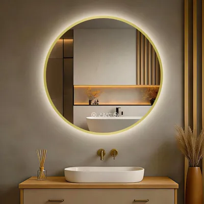 Produktbild von S'AFIELINA Badspiegel mit Beleuchtung Rund 60 cm Diameter, LED Badspiegel mit Touch, Beschlagfrei, Dimmbar, Uhr, Temperatur, Speicherfunktion,Gold