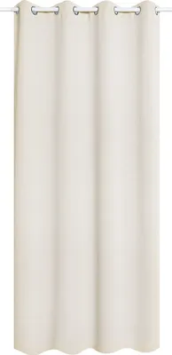 A single cream-colored curtain hanging from a rod.