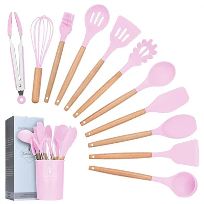 Produktbild von Silikon-Küchenwerkzeug-Set, 12-teilig, hitzebeständige Küchenutensilien (Rosa)