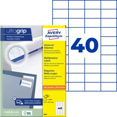 Produktbild von Avery Zweckform 3651, Universal-Etiketten, A4, Qualitätsdruck mit: ultragrip, 52,5 x 29,7 mm, 4.000 Etiketten / 100 Bögen, weiß