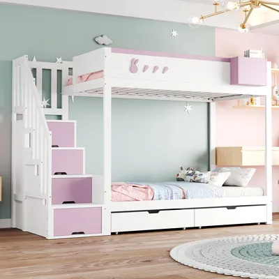 A children's bunk bed with stairs and storage drawers, set in a bedroom with pastel-colored walls.