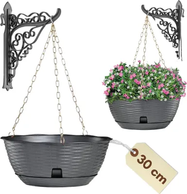 Produktbild von Blumenampel Blumentopf Hängend Hängeblumentopf Pflanzschale Hängend Hängeampel Blumenampel mit Wandhalterung Hängetopf Kette Untersetzer Rattan Anthrazit