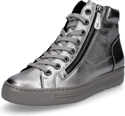 A single silver high-top sneaker with gray laces and a gray sole, shown from a side-front angle against a white background.
