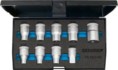 Immagine prodotto di Set di 9 inserti per chiavi a bussola da 1/2" E10-E24 Gedore | 4010886626597