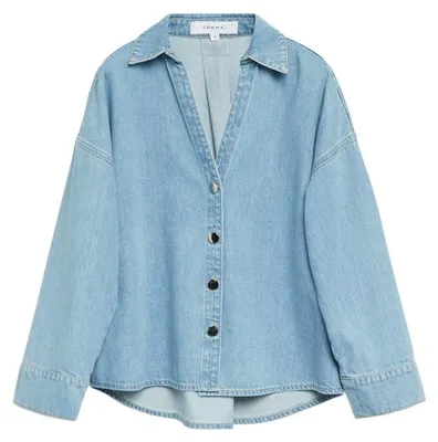 Produktbild von Comma Damen Denim Bluse Hellblau mit klassischem Kragen und Knopfleiste, lockere Passform