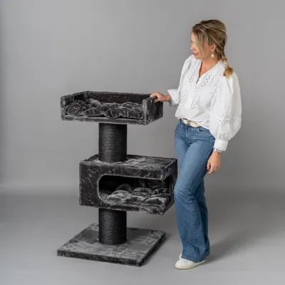 Produktbild von RHRQuality Kratzbaum für große Katzen – Maine Coon Lounge Retreat – Mit extra dicken 20-cm-Sisalstangen – Blackline Dunkelgrau