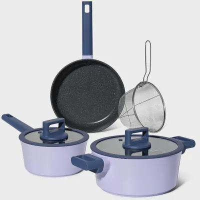 Produktbild von Just Perfecto JL-330: 6-teiliges Kochgeschirr-Set mit Marmorbeschichtung und Deckeln mit Dichtungsrand - Blau