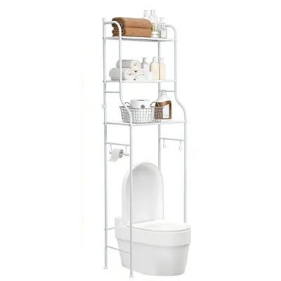 Produktbild von Platzsparendes Badregal, 3-stöckiges Toilettenregal ohne Bohren mit Haken, für Bad, Waschküche - 50 x 25 x 160cm, Weiß