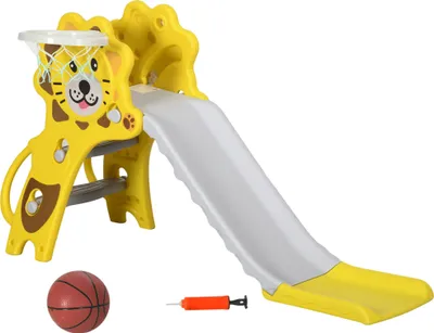 Produktbild von AIYAPLAY Kinderrutsche 2-in-1-Rutsche für Kinder von 18 bis 36 Monaten mit 2 Leitern, 1 Basketballkorb und Löwenmuster für den Innenbereich, 131 x 50 x 74 cm, Gelb und Grau