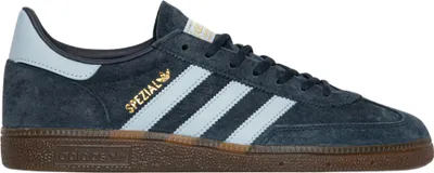 A side view of a single blue Adidas sneaker with light blue stripes and accents, and a brown sole.
