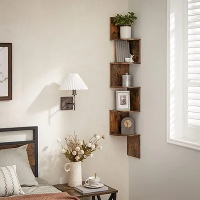 Immagine prodotto di VASAGLE scaffale angolare, scaffale a parete con 5 scomparti, scaffale galleggiante, per cucina, camera da letto, soggiorno, studio, ufficio, marrone scuro LBC20BX