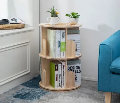 Productafbeelding van Famanu – Draaibaar boekenkast van massief hout, 360 graden display, vrijstaand, opbergrek voor kinderen en volwassenen, multifunctioneel (2 etages)