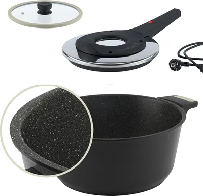 Obrázek produktu pro REMOSKA T42/41 Tria Lite Granite, pečicí pánev s elektrickou skleněnou poklicí 610 W a hrncem 28 cm 4,5 l, pečení, vaření, hliník, nepřilnavý granit