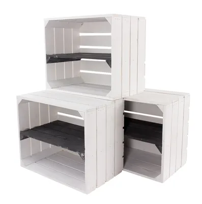 Produktbild von 9er Set neue weisse Holzkiste mit Regalboden in schwarz 50cm x 40cm x 30cm Regal Wandregal Obstkisten/Weinkisten Kiste Holzregal Apfelkiste weiß