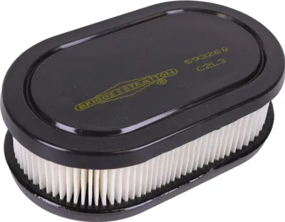 A black and white air filter for a lawnmower engine.