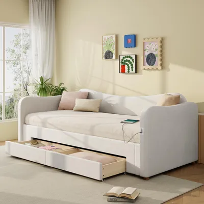 Zdjęcie produktu dla Łóżko tapicerowane Zerbaco, jednoosobowe, 90x200 cm, rozkładane do 180x200 cm, z 2 szufladami, z portami USB i typu C, obicie z beżowego aksamitu, bez materaca