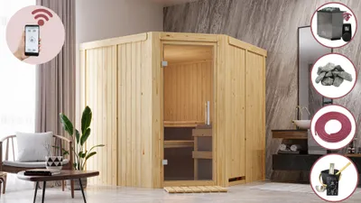 Image de Sauna d'intérieur Karibu Sauna à domicile MARLA 2 kit économique 197x197 cm avec poêle de 9kw inclus etHUUM Wifi (compatible App)