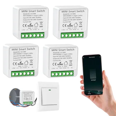 Smart Modul Lichtschalter, 4 Stück, Mini, Sprachsteuerung, Alexa/Google